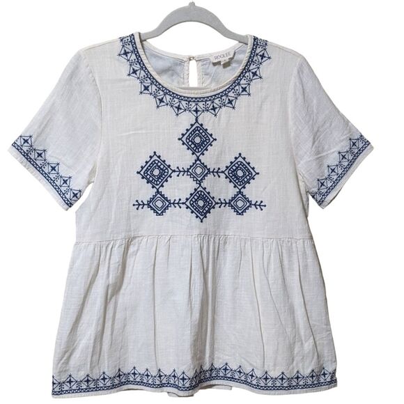Roolee cream blue embroidered short sleeve peplum cotton top women's size Small - Picture 7 of 7